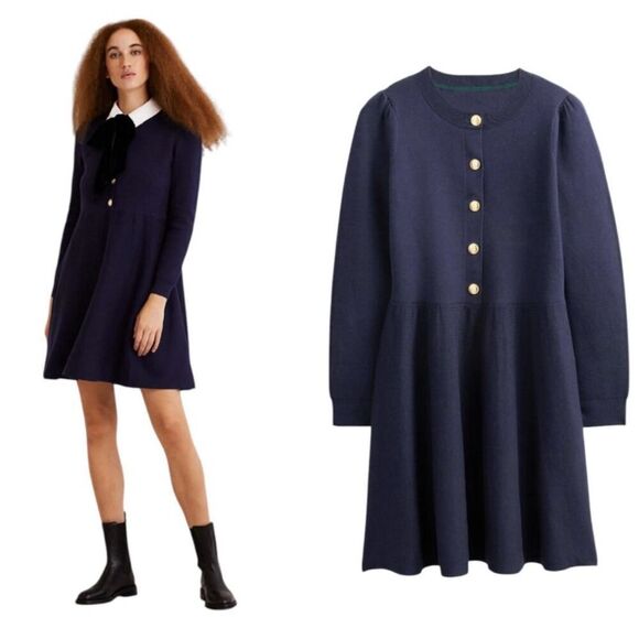 Boden navy button front Wool Cotton aline dress size 8 - Picture 1 of 10
